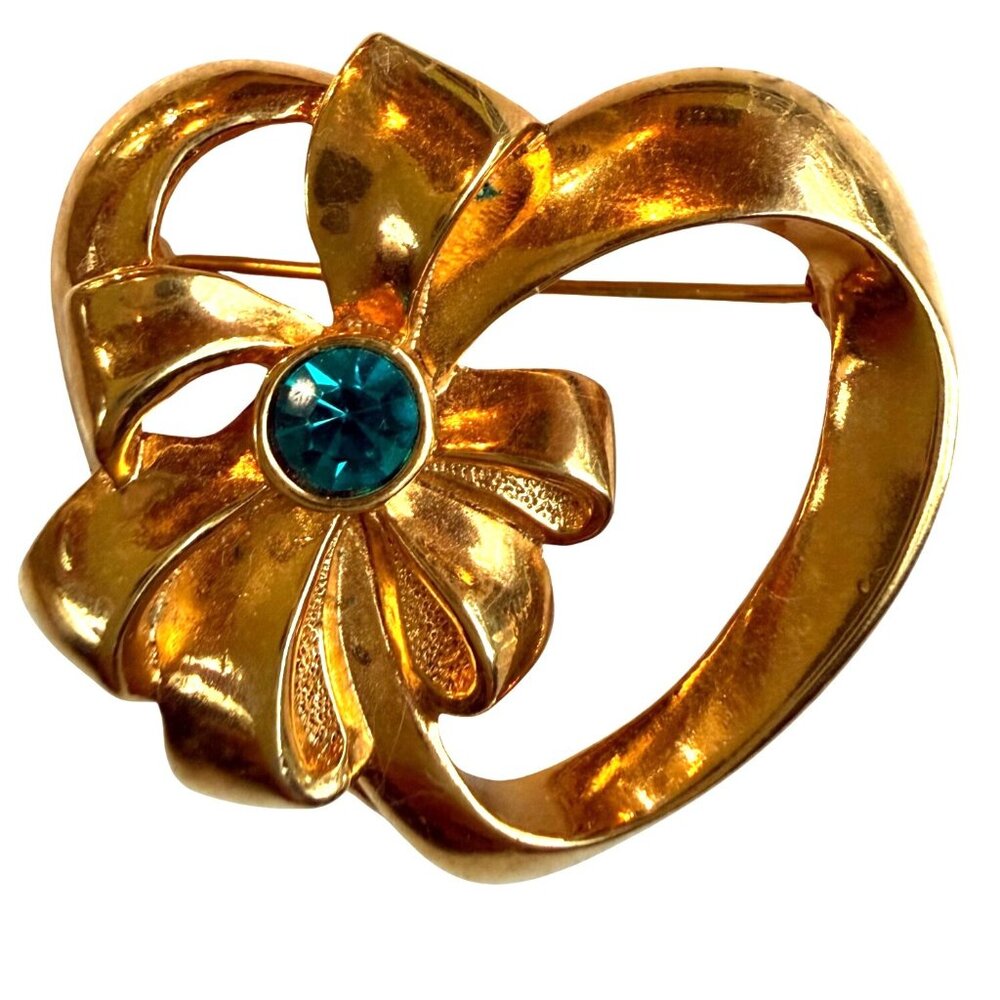 Vintage Avon Gold-Tone Heart Signed Pin Brooch w/ Turquoise Rhinestone Floral